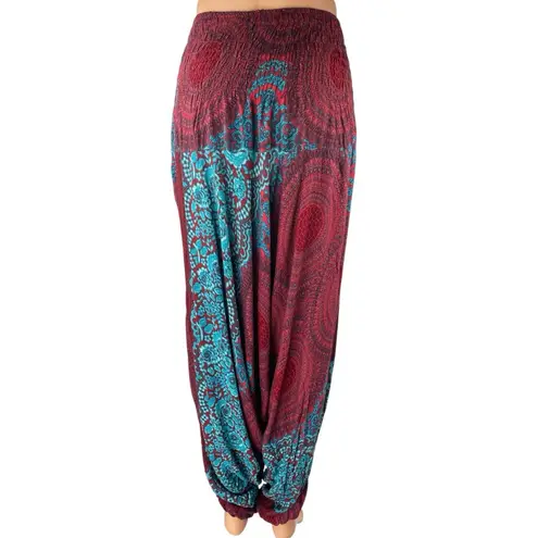 Women's Red Blue Floral Smocked Drapey Tapered Jogger Harem Pants One Size Size undefined