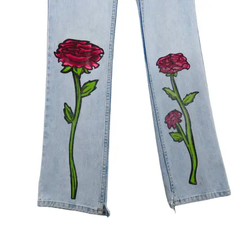 Y2k Vintage LEI Reworked Hand Painted Floral High Rise Straight Leg Jeans 26" Blue