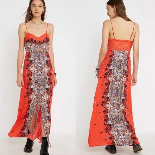 Free People  Morning Song Red Floral Paisley Printed Button Lace Maxi Dress XS
