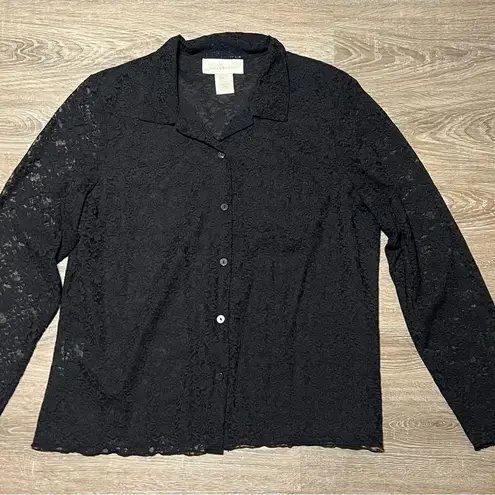 Susan Bristol Black Lace Sheer Top Button Down Shirt VTG 90s Y2K Witchy Size L