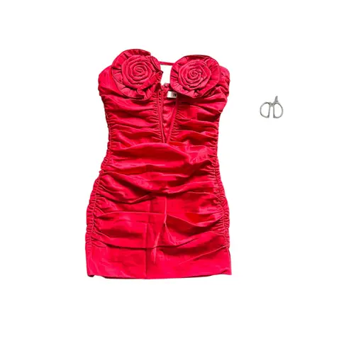 JW Pei Bailee Red Floral Appliqué and Ruched Tube Mini Dress Strapless Size 2