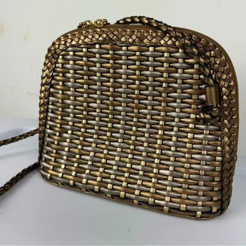 Vtg CEM Gold Metallic Woven Leather Crossbody Bag Full Zip