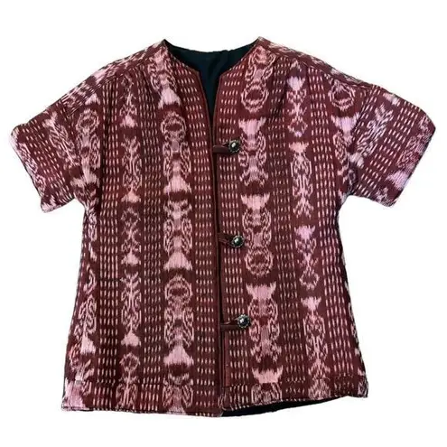 OOAK Quilted Patterened top jacket Short sleeves button front round neck medium