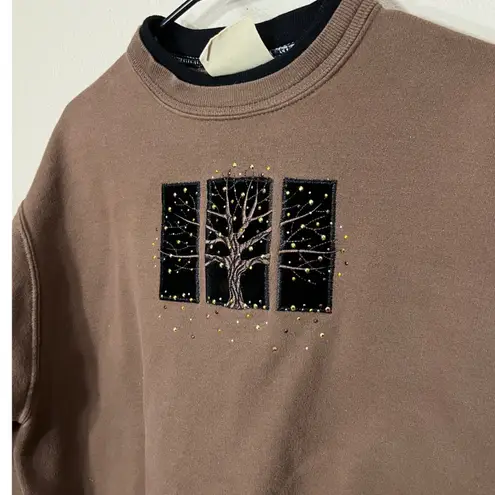 Vintage Top Stitch by Morning Sun Tree Embellished Crewneck Sweatshirt 1X Brown