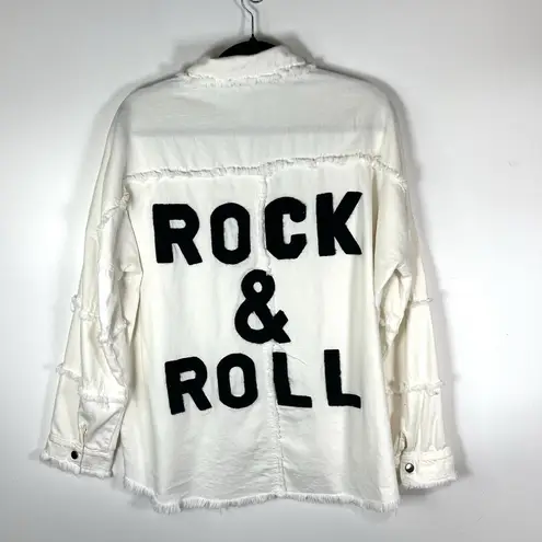 Elan  Denim‎ Jean Jacket Embroidered Rock And Roll Fringe Trim Boho Hippie Size S