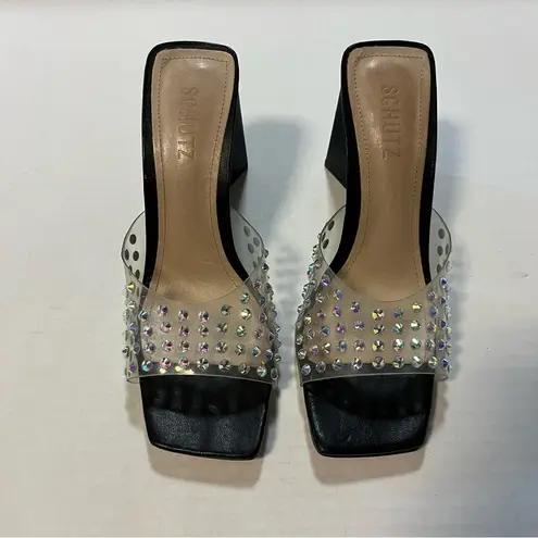 Schutz  Heel Lizah Crystal Vinyl Sandal Mule Slip On in Black Sz 8.5 NWOB *flaws*