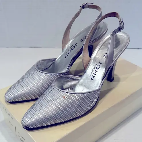 St. John Slingback Pointy Toe Pumps Women's 7.5B Silver Leather Strap Vintage