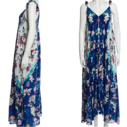 Rococo Sand Floral Print 100% Silk Tassel Sleeveless Asymmetrical Maxi Dress XS Blue