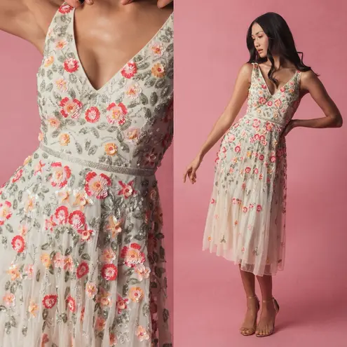 Mac Duggal NWT 5527 V-Neck Sleeveless Midi Floral Beaded A-line Dress Size 10