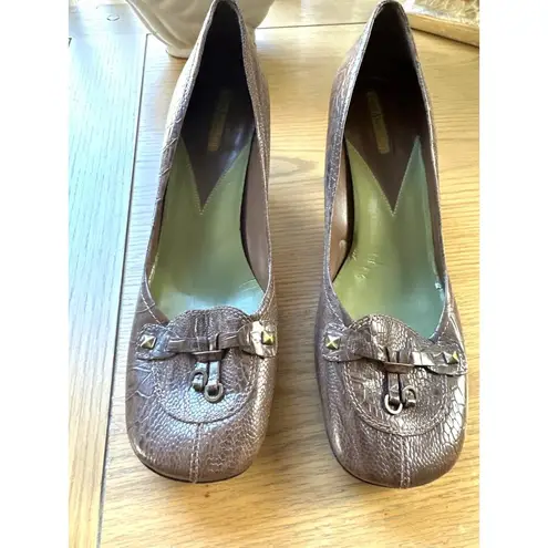 Enzo Angiolini 10 Brown Faux Crocodile Kitten Heel Shoes Buckle Detail EA Flexo