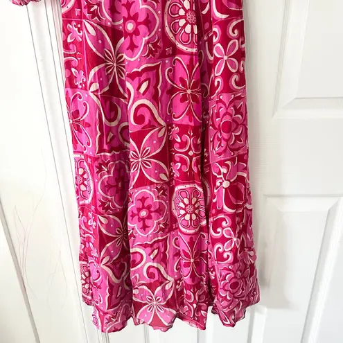 Olivia James The Label Pink Bridget Midi Smocked Puff Sleeve Dress Tile Boho XS