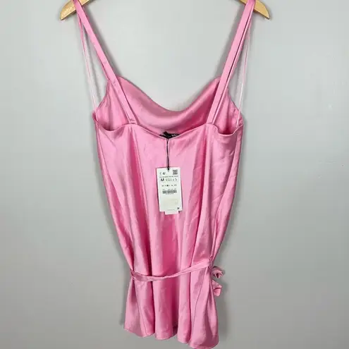 ZARA NWT  Satin Pink Mini Slip Cowl Neck Dress Self Tie Heart Pendant Chain Belt