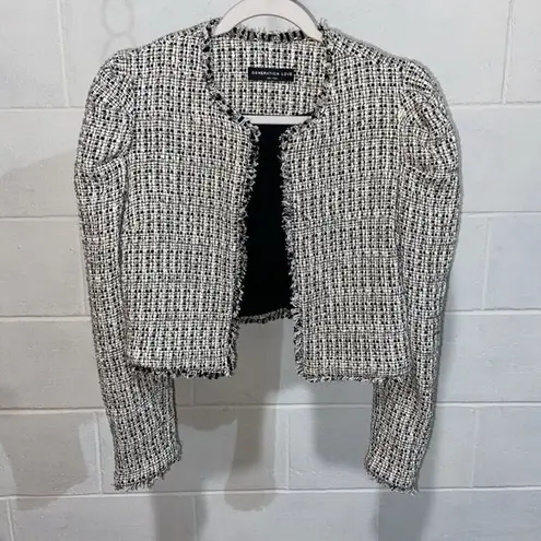 Generation Love  Womens Tweed Blazer Jacket White Plaid Open Fringe Cropped Shiny