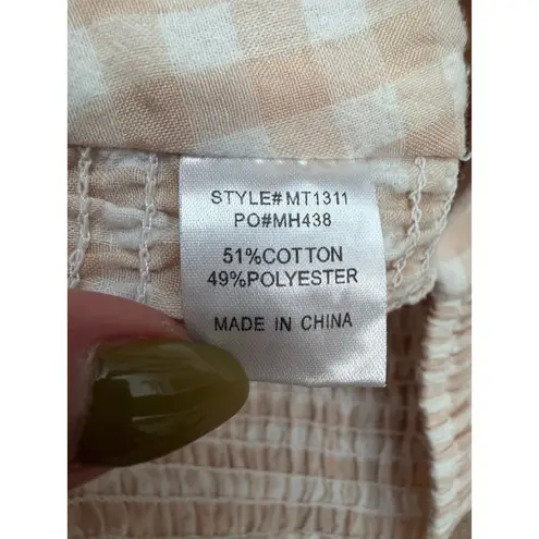 Mimosa Beige Gingham Puff Sleeve Crop Top Smocked Back Size Small