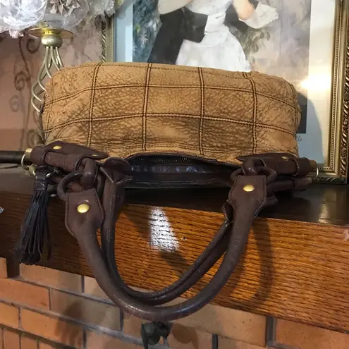 Salvatore Ferragamo TAN & BROWN DISTRESSED EMBOSSED LEATHER W/GANCINI FRINGE