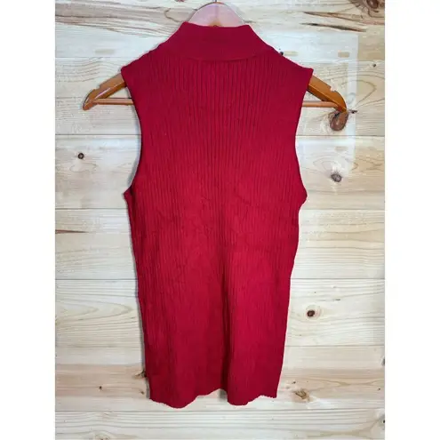 T Tahari  Women's Large Red Rhinestone Mock Neck Sleeveless Ribbed Sweater Pullov