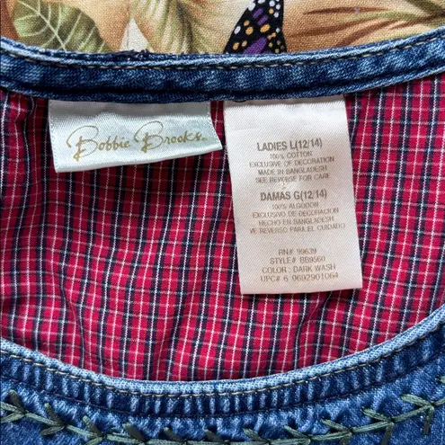 Bobbie Brooks Blue Denim Jumper Dress Embroidery Plaid Gingham Sz L Grandmacore Size L
