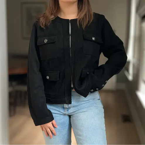 Carmen Marc Valvo Black Faux Suede Utility Jacket Large