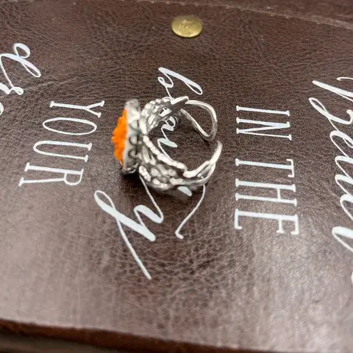 Neon Orange Rose Floral Oval Cameo Silver Stainless Steel Open Back Ring