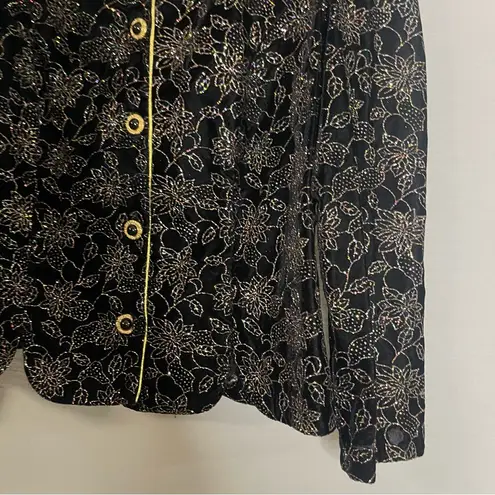 Vintage R&K Evening Blazer Jacket Women's Large Black Velvet Floral Glitter