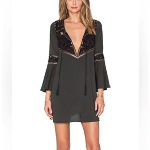 Cleobella Lili Bohemian Hippie Bell Sleeve DeepV Mini Dress in Gunmetal Gray S