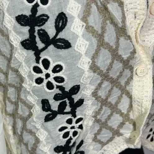 EUC Boho Crochet Vest Sheer Sleeve Floral Embroidered Cream Cotton Top Size M