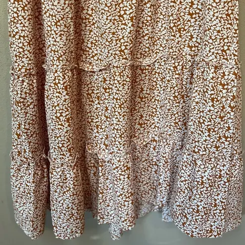 Beachsissi Women’s Orange Brown White Floral Boho Ruched Short Sleeve Dress L