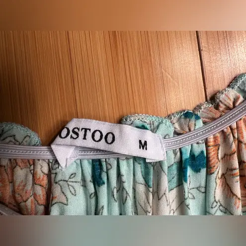 OSTOO Womens Short Sleeve Boho Floral Feminine Tiered Flowy Long Maxi Dress|SZ:M Blue Size M