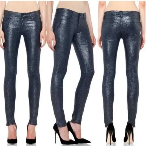 Mother The Looker Sparkle &Purr Glimmer Stone Blue Coated Skinny Jeans Sz 32 NEW Silver