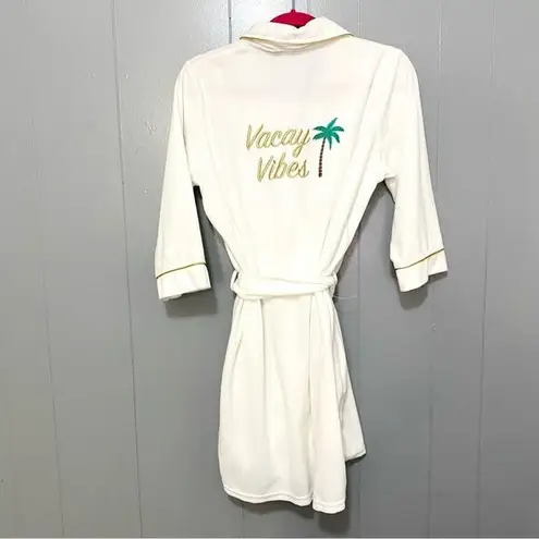 Pillow Talk White Gold Vacay Vibes Embroidered Tropical Waist Wrap Mini Robe M Size M