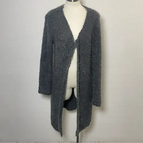 POL Gray Fuzzy Long Cardigan Sweater Medium Cozy Fall Layering Neutral Knit