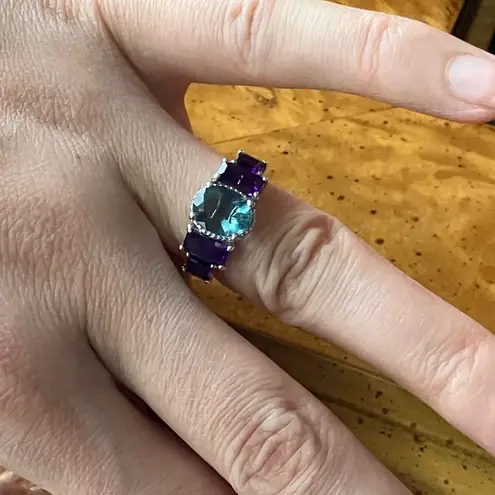 Teal Color Changing Fluorite Amethyst Art Deco Ring Size 6 Purple