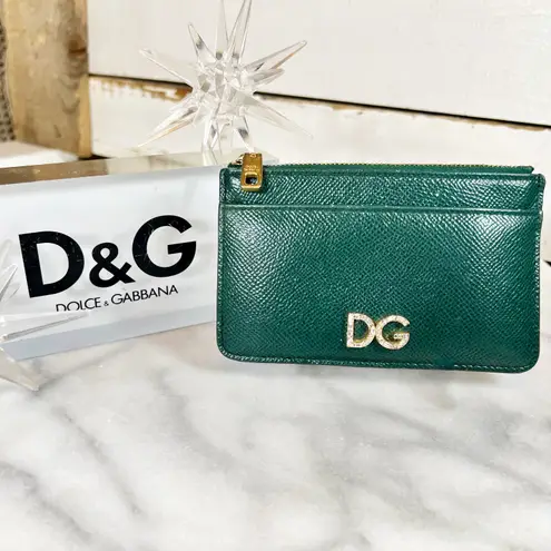 Dolce & Gabbana Green Leather & Crystal Logo Zippy Cardholder