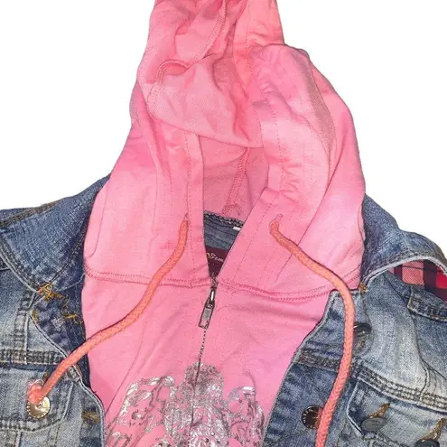 Y2k Mcbling twofer denim pink cropped hoodie jacket Blue Size L