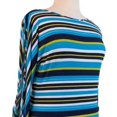 Calvin Klein  Women's Shift Dress Boat Neck Blue Black Stripe Jersey Knit Size 14