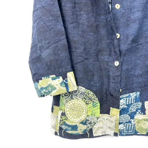 CITRON Santa Monica XL patchwork kimono jacket Blazer Top Silk Button Up Down Blue