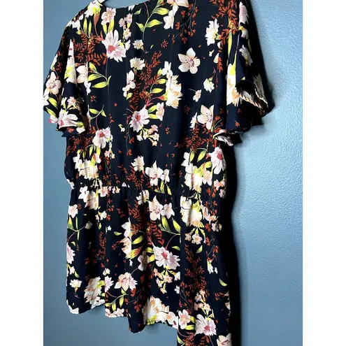 Fourteenth Place Hawaiian Floral Print Button Elastic Waist Bell Sleeve Top Blue