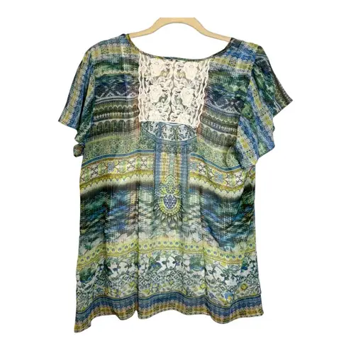 One World  Blouse Women's Size XL Tank Lightweight Sheer Lace Blue Green‎