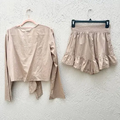 Nasty Gal NWT  Long Sleeve Cotton Tie-Front Top and Ruffle Short Set Stone Size 6 - Image 11