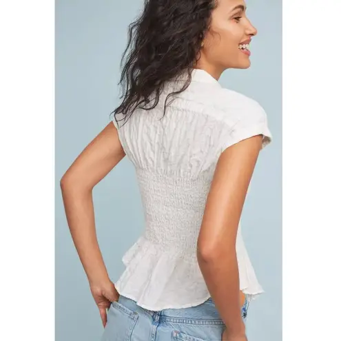 Maeve Anthropologie Bellamy Button Down Smocked Shirt Cotton Linen in White XS