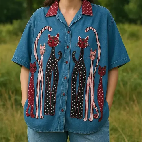 vintage 90s 1990s retro red white Blue denim button