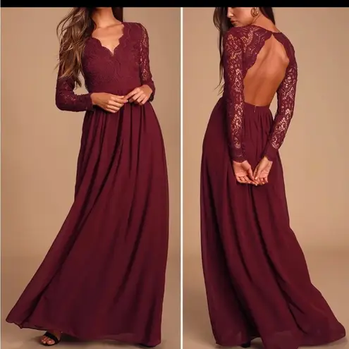 Lulus Awaken My Love Burgundy Long Sleeve Lace Maxi Dress small bridesmaids maternity