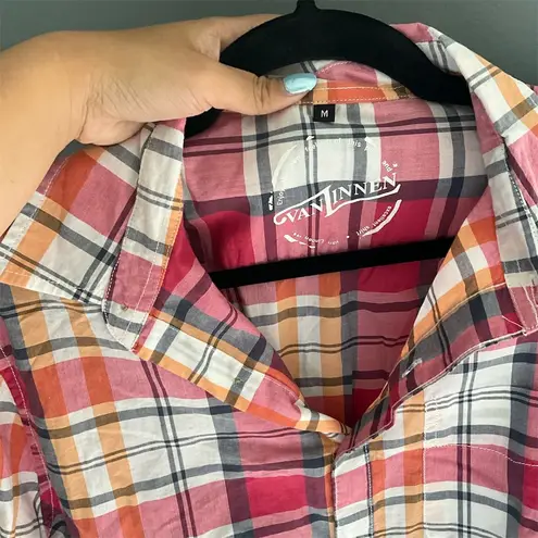 Van Linnen Women's M 100% cotton Plaid Long Sleeve Button