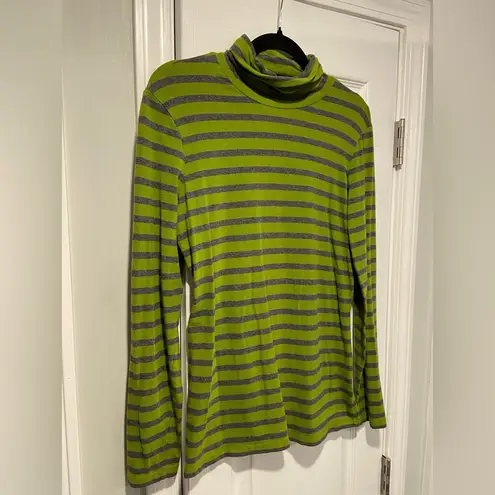 Lands' End  Size M Green Gray Stripe Long Sleeve Turtleneck Top Stretch Soft