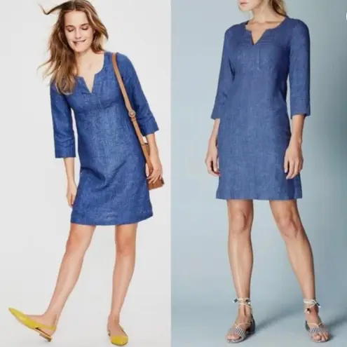 Boden 100% Linen Blue Tunic Shift Midi Dress Size 16 Long