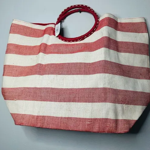 NWT CRABTREE & EVELYN Red White Striped Wrapped Circular Handles Beach Tote
