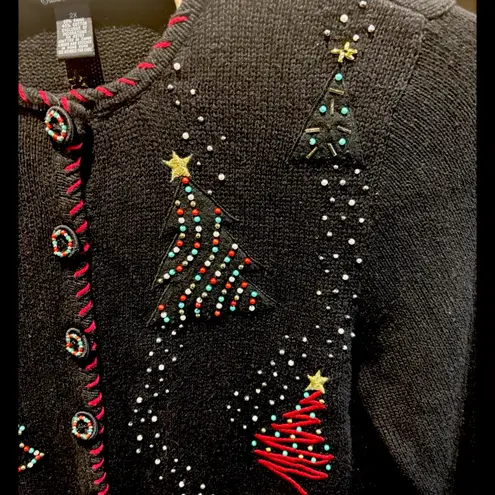 DESIGNER ORIGINALS STUDIO FA LA LA LADIES HOLIDAYCARDIGAN 2XL BUTTON FRONT BEAD Black Size 2X