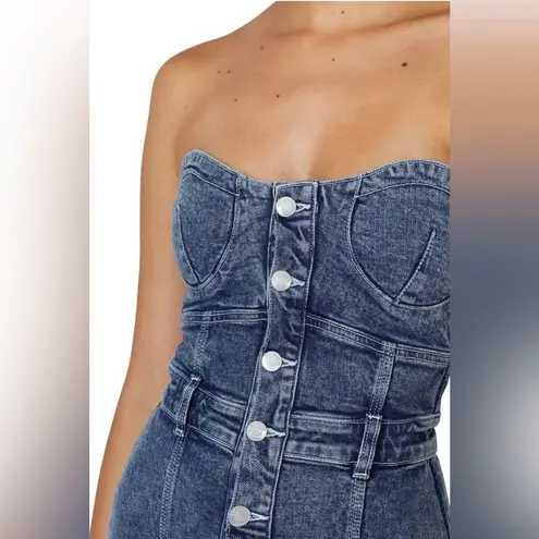 Jordache Strapless Denim Mini Dress Corset Bustier Button Front Sweetheart sz L