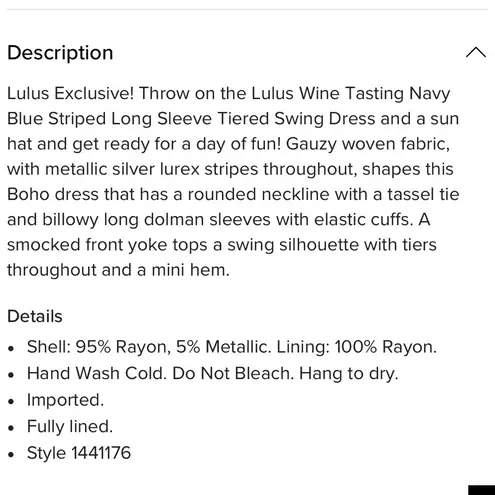 Lulus  Navy Blue Striped Long Sleeve Tiered Swing Dress Metallic Boho Siz…