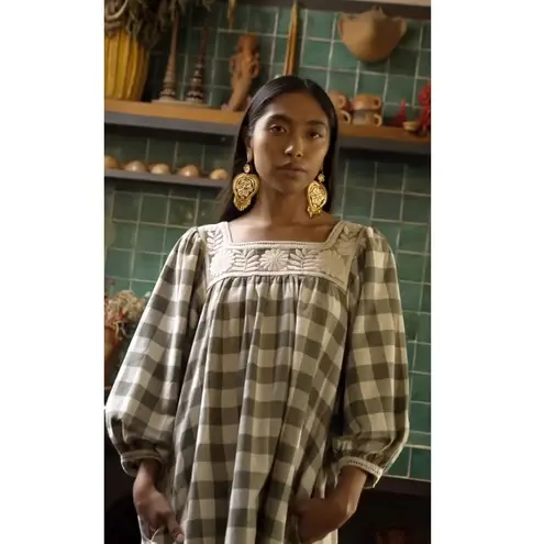 NEW Mi Golondrina Mexico Marta Dress Long Sleeves Women’s XS Cream Green Plaid